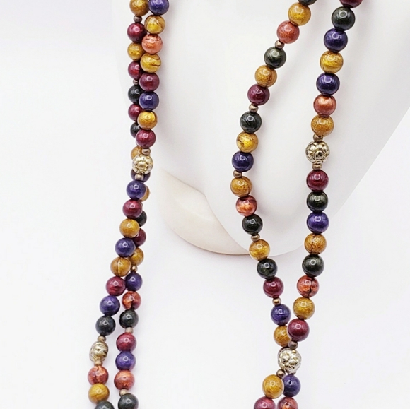 Double Strand Multi Color Beaded Necklace with Silver Floral Bead Accents - Picture 3 of 8